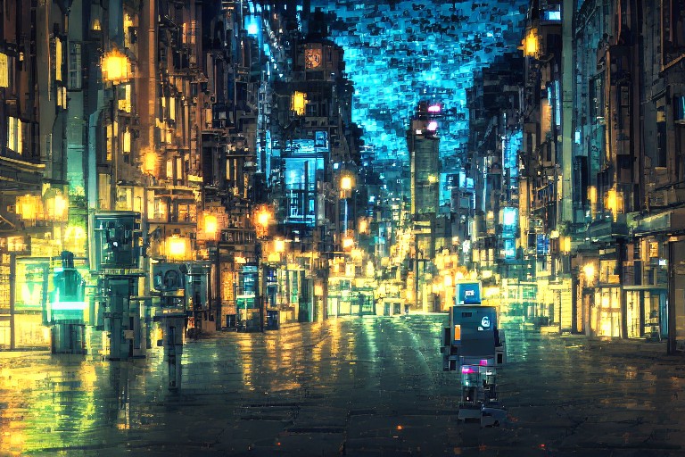 Robot walks on brightly lit street at night by Stable Diffusion