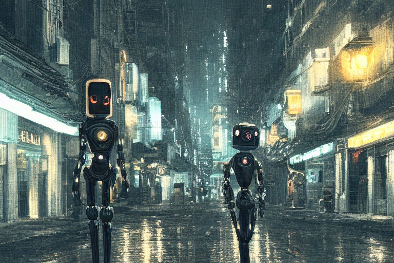 机器人走在夜间灯光明亮的街道上