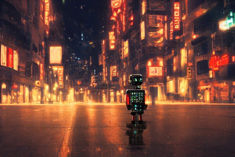 机器人走在夜间灯光明亮的街道上