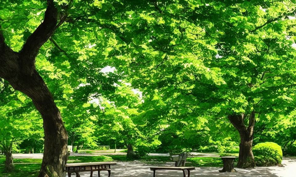 浓密树荫下的公园绿地与座椅