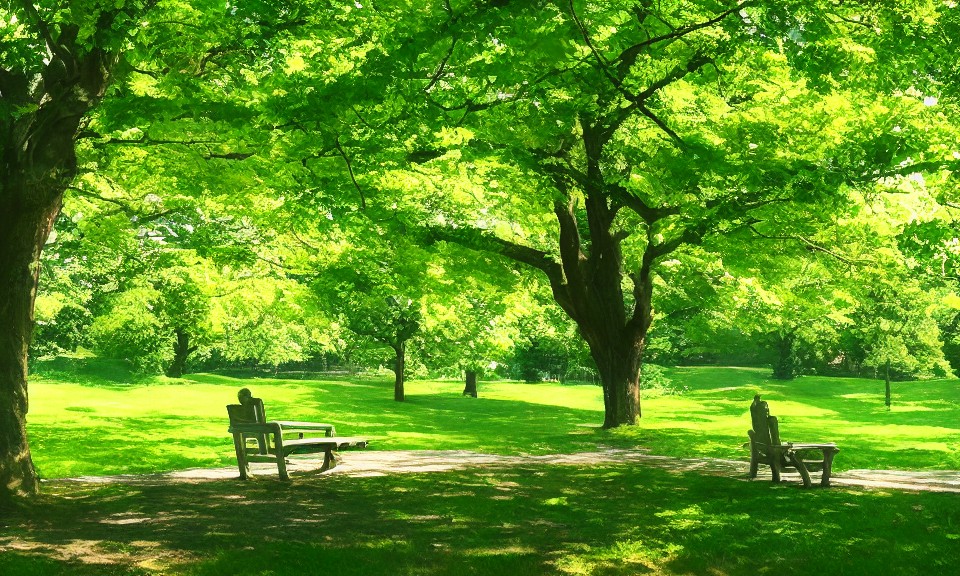 Park green space and seats under dense tree shade
