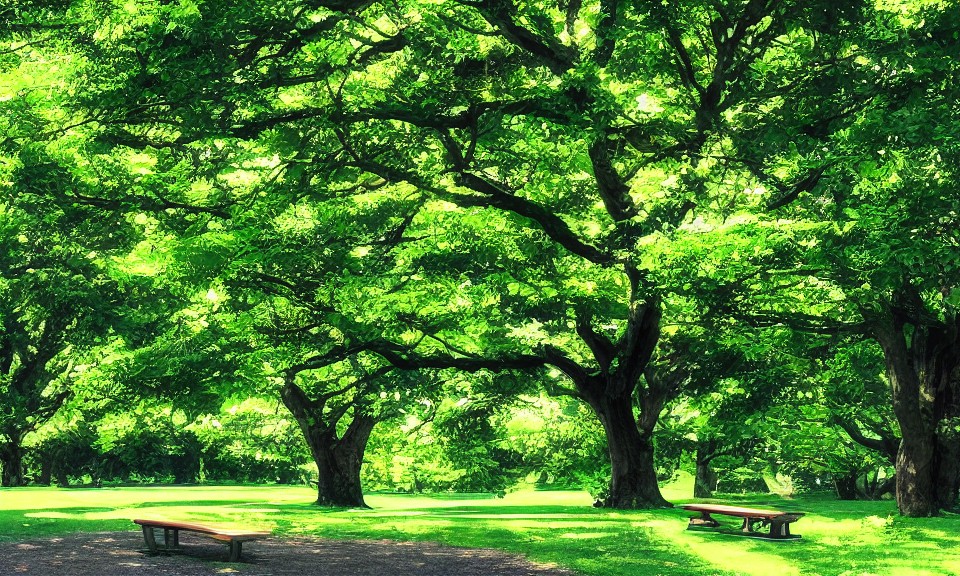 浓密树荫下的公园绿地与座椅