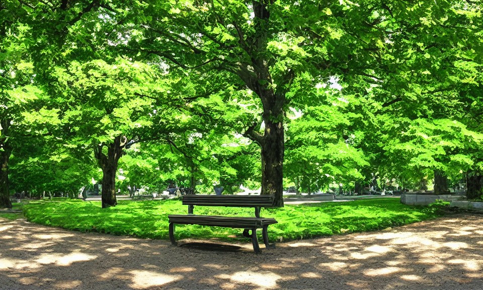 Park green space and seats under dense tree shade by Stable Diffusion