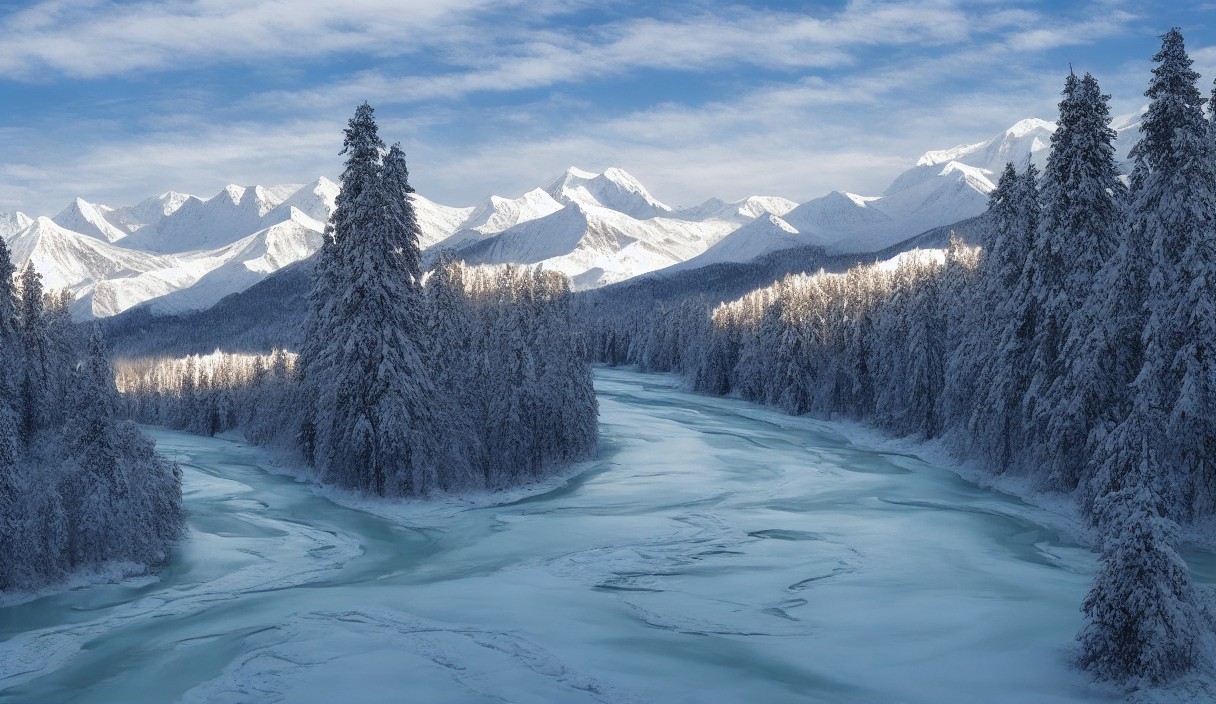 Winter landscape with snow and frozen river