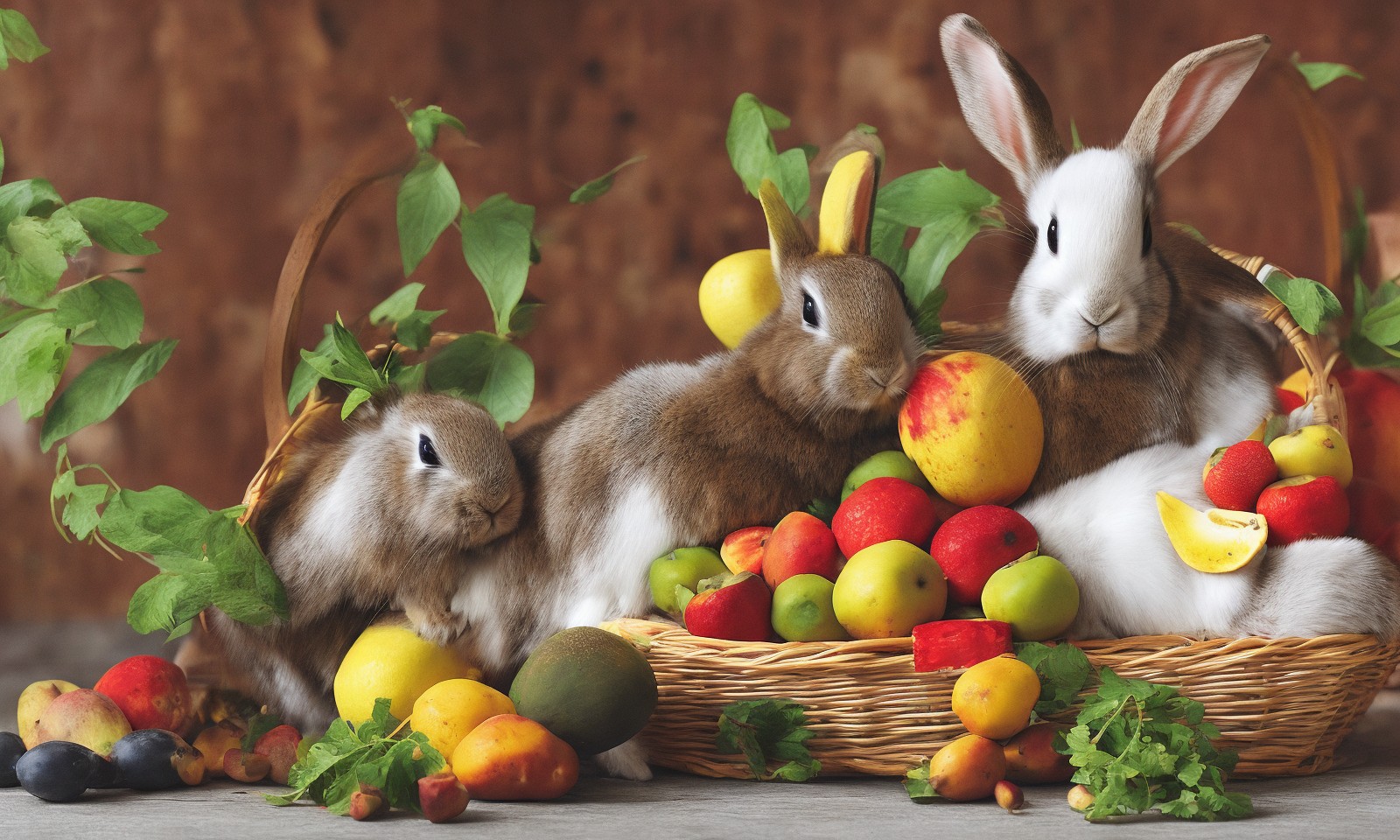 兔子在装满水果的篮子里面