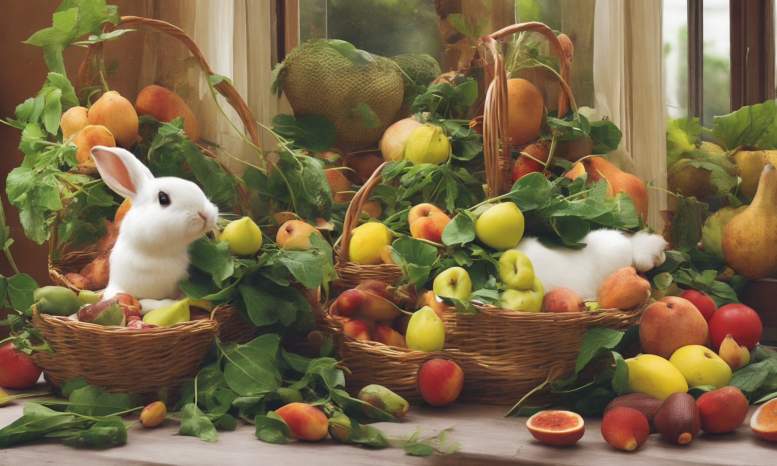 Rabbit in a basket full of fruits