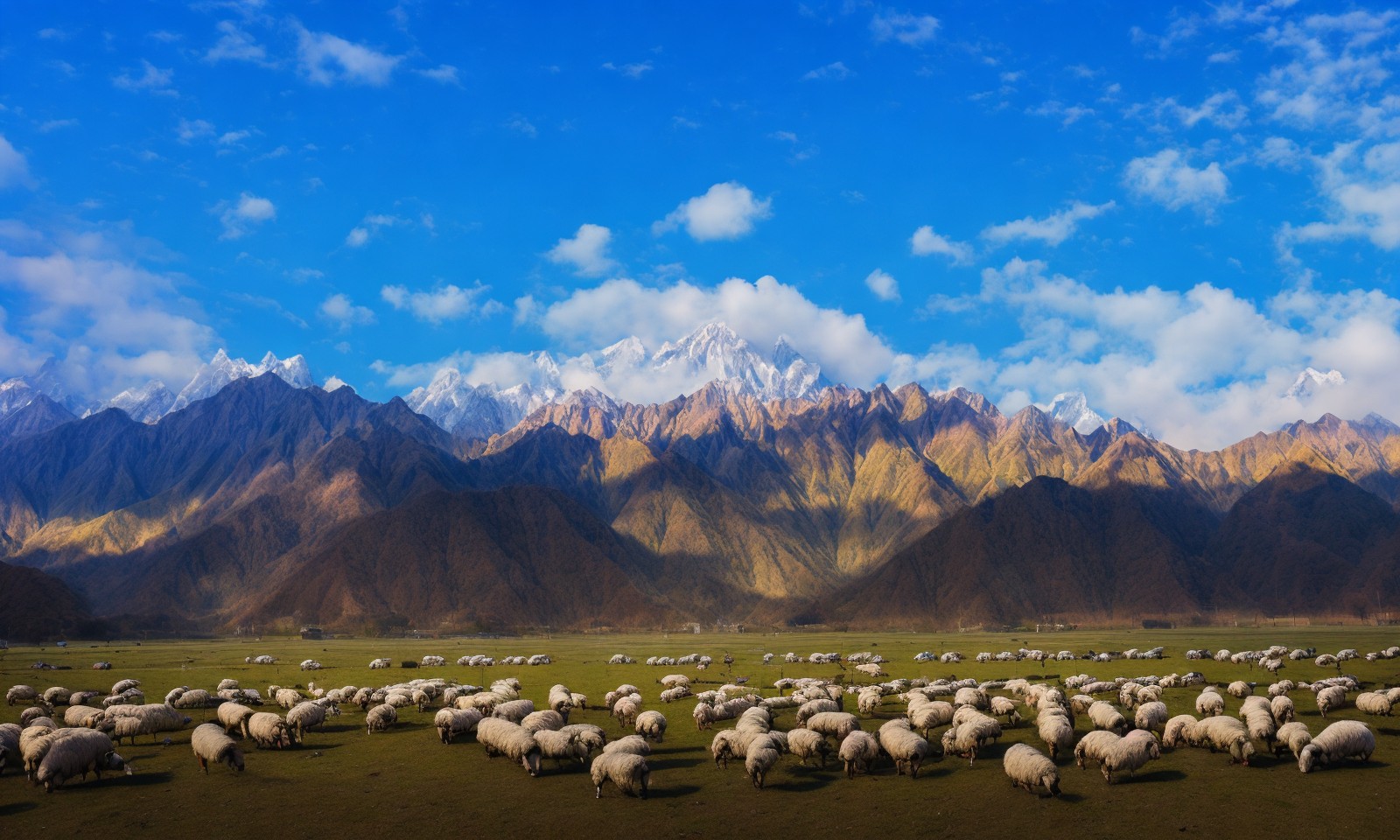 雪山背景与近处的羊群