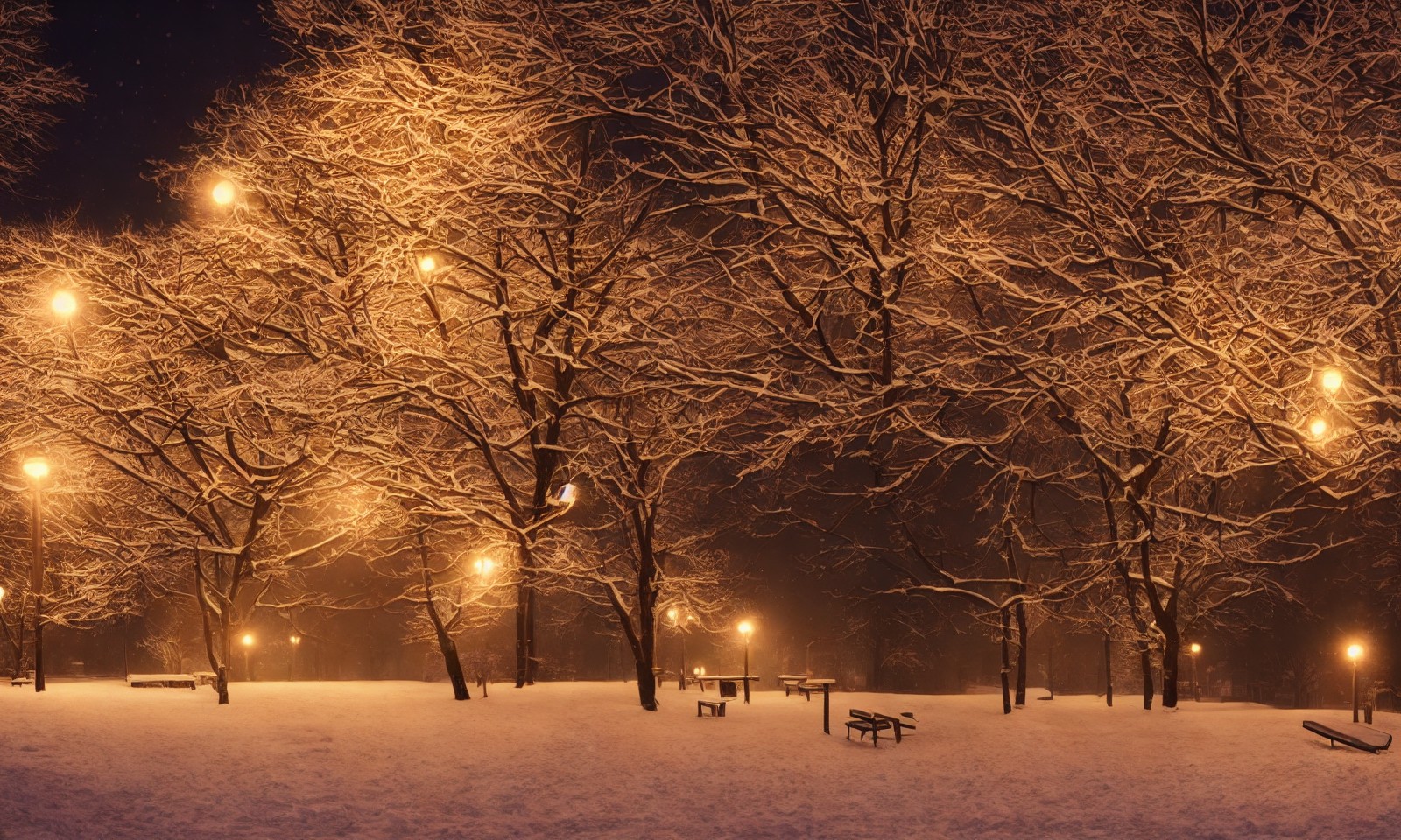 圣诞节氛围中夜晚灯光下白雪覆盖的公园