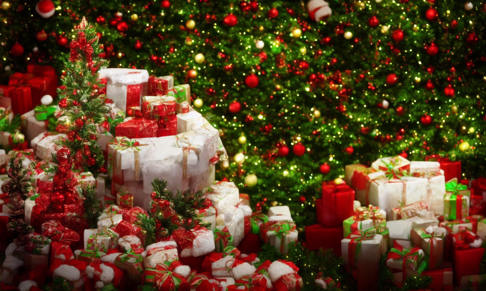 圣诞树下的圣诞节糖果礼物以及各种圣诞节装饰