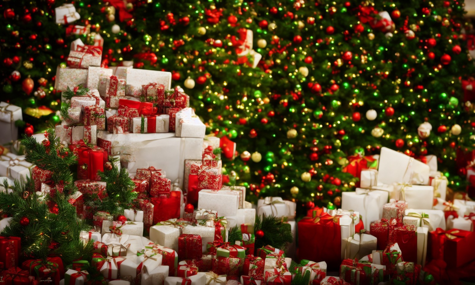 圣诞树下的圣诞节糖果礼物以及各种圣诞节装饰
