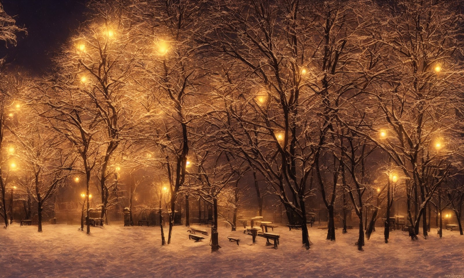 圣诞节氛围中夜晚灯光下白雪覆盖的公园