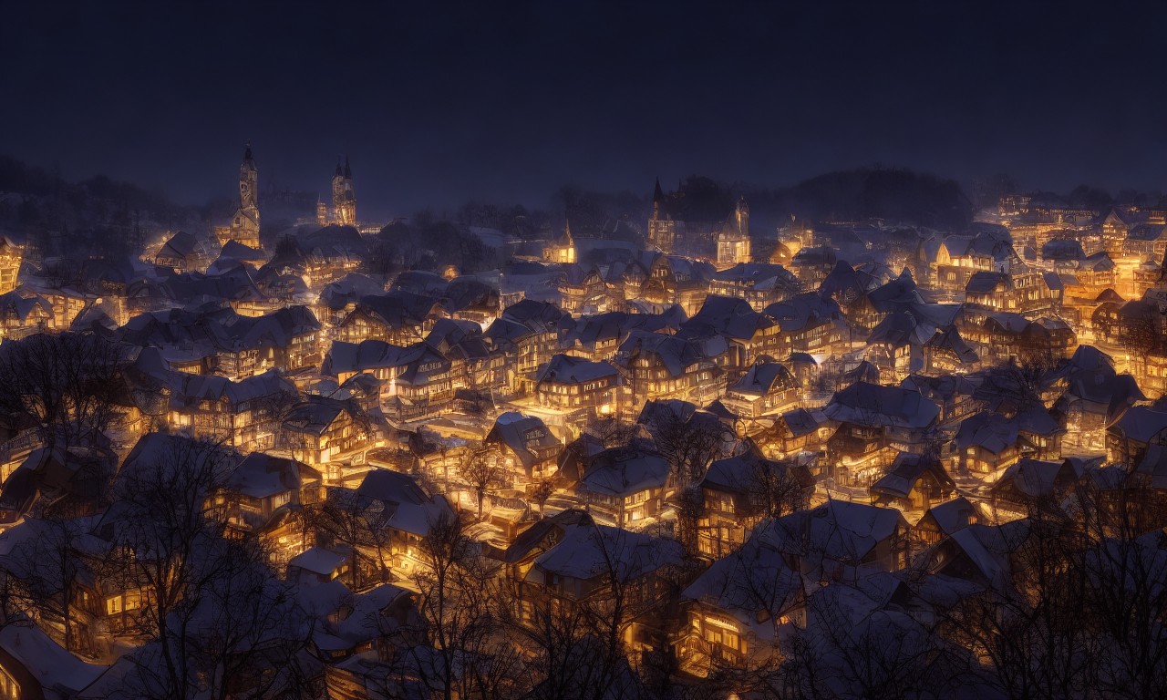German town with European architectural style in night lights