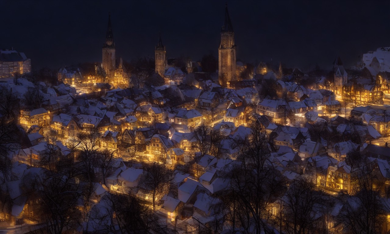 夜间灯光中欧洲建筑风格的德国小镇
