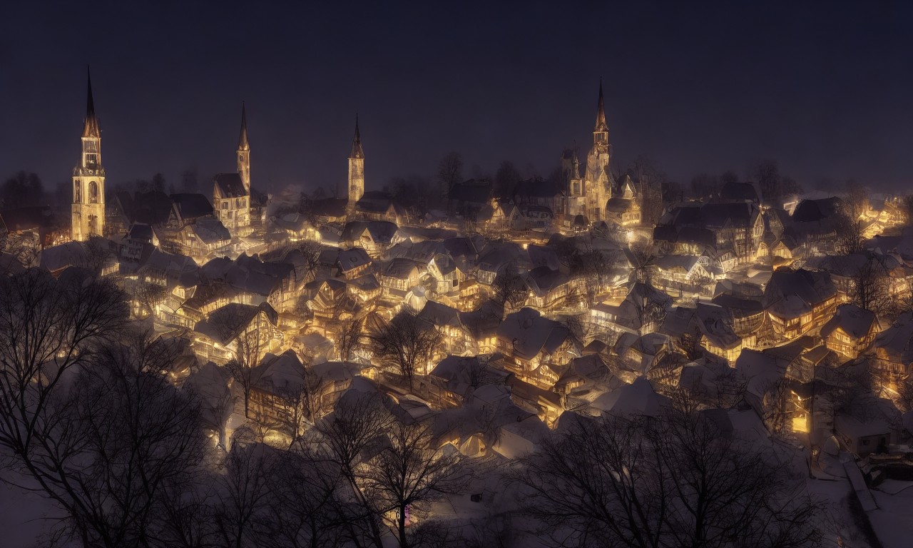 夜间灯光中欧洲建筑风格的德国小镇
