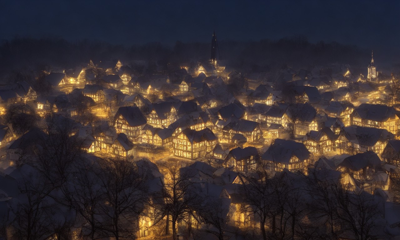 German town with European architectural style in night lights