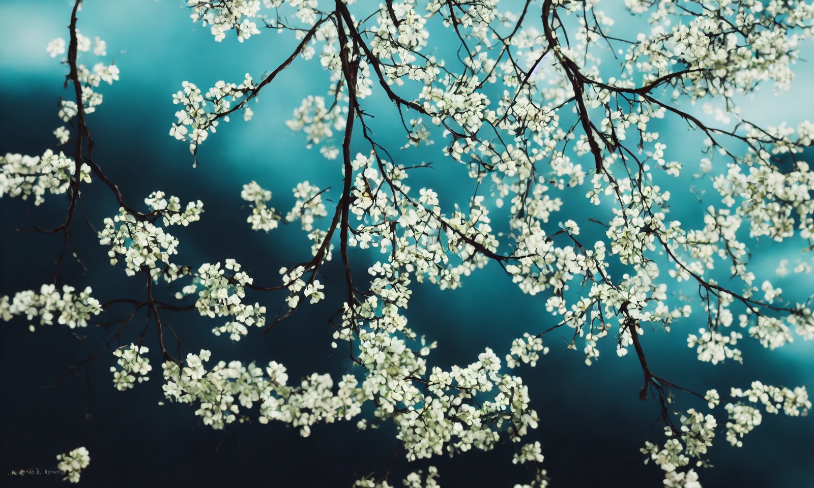 开满白色花朵的树，背景为蓝色天空