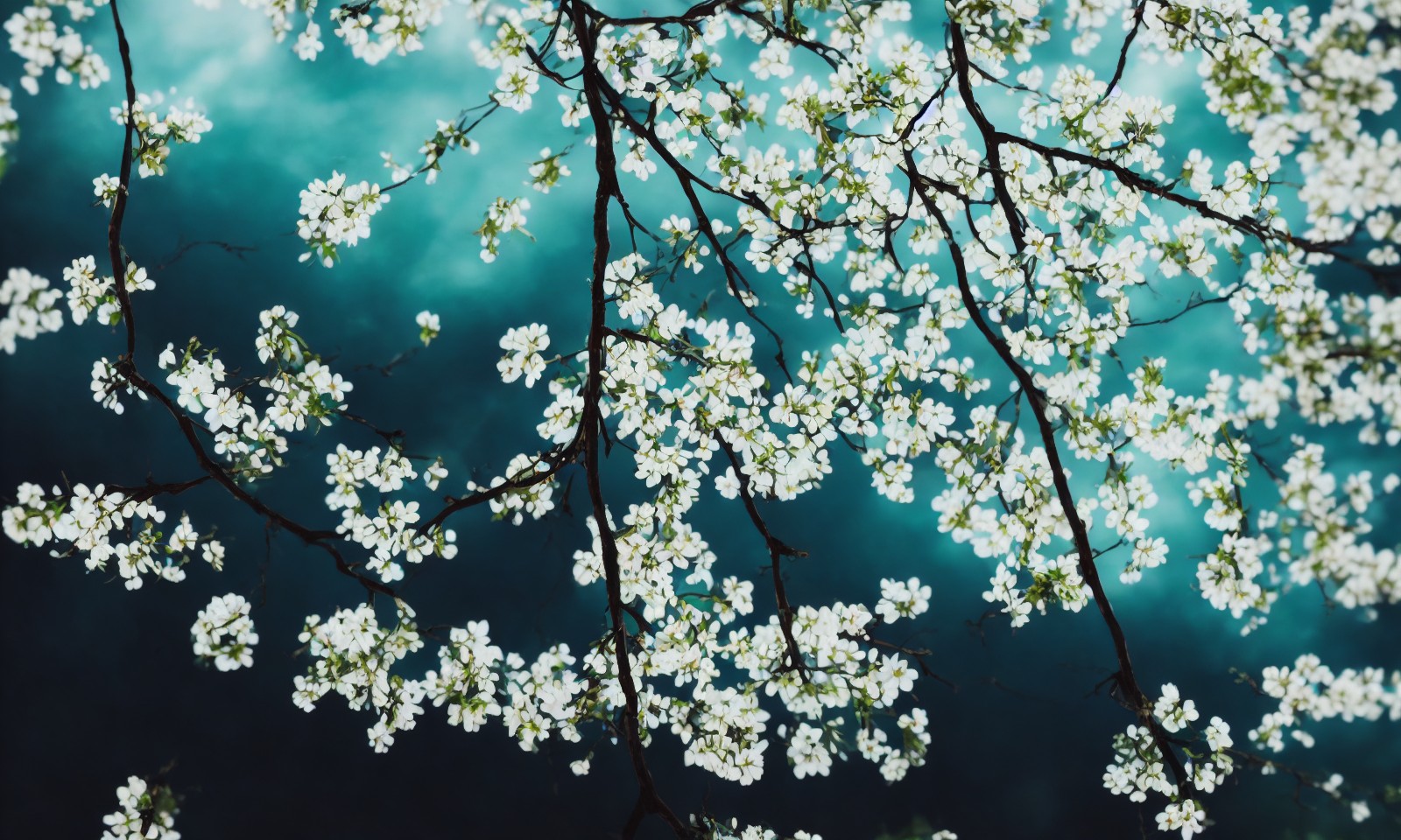 开满白色花朵的树，背景为蓝色天空