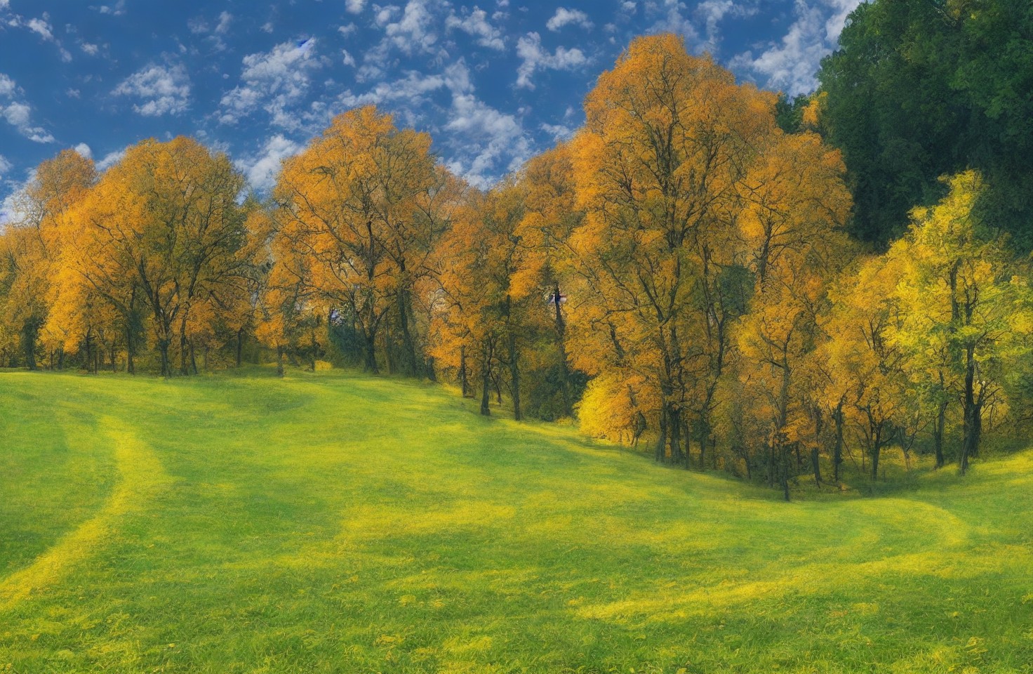 绿色田野与黄色绿色叶子相间的树