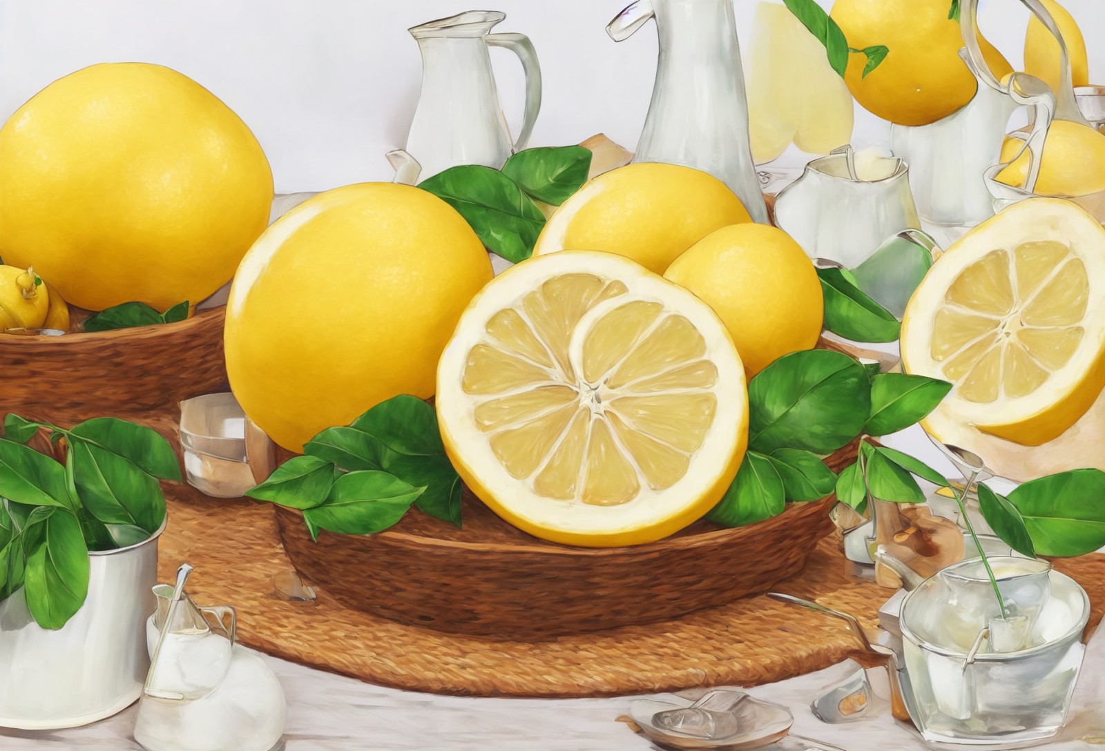 一碗柠檬放在桌子上背景是一壶柠檬水