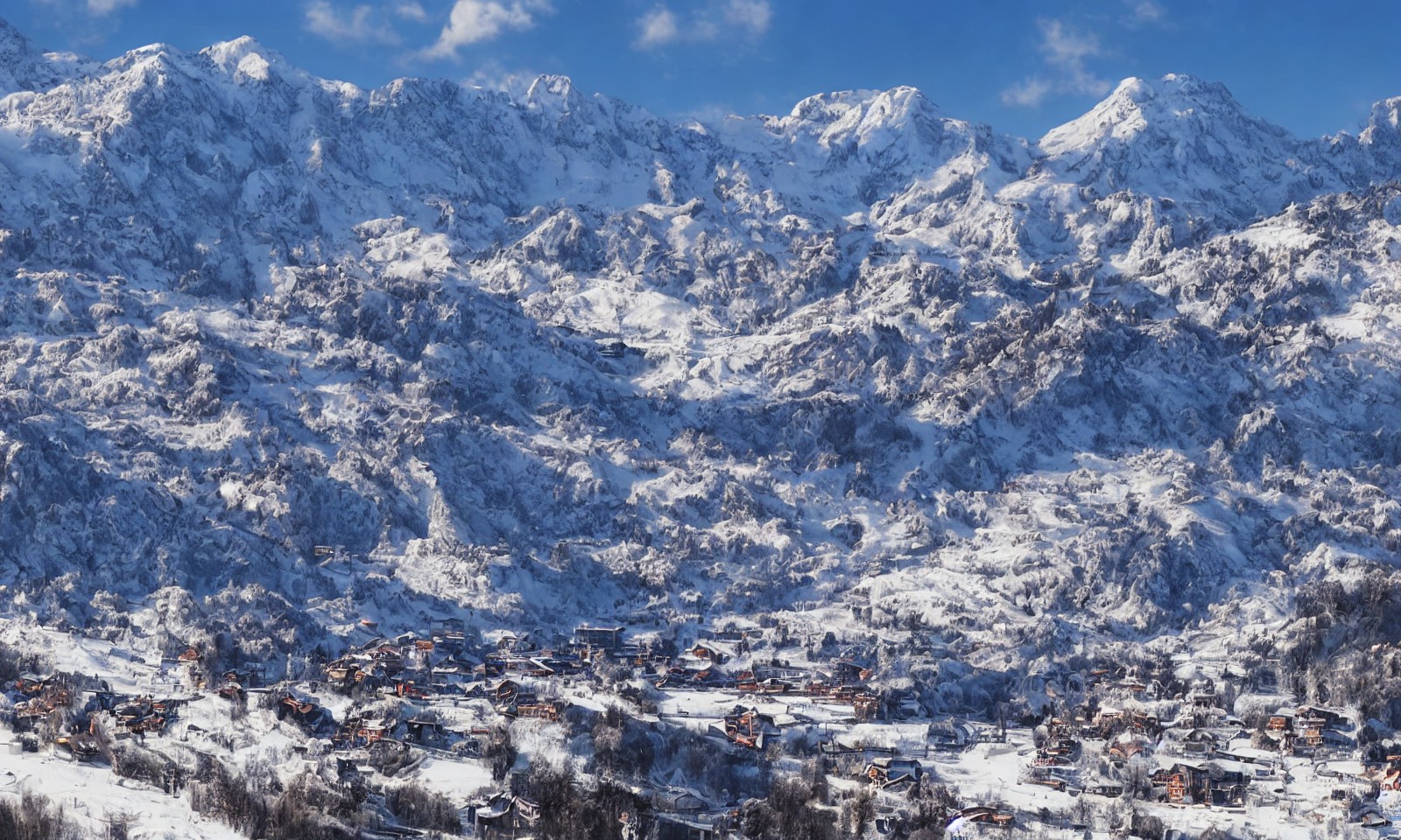 Spectacular small villages beneath high snow-capped mountains