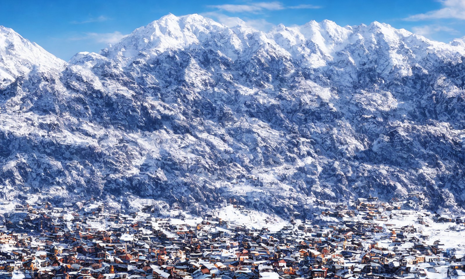 Spectacular small villages beneath high snow-capped mountains