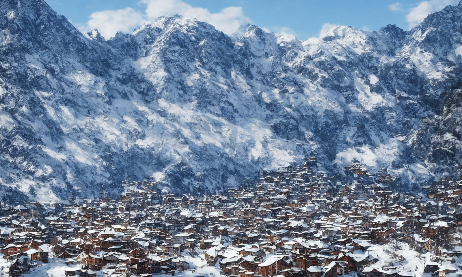 壮观的高高的雪山下面的小村庄
