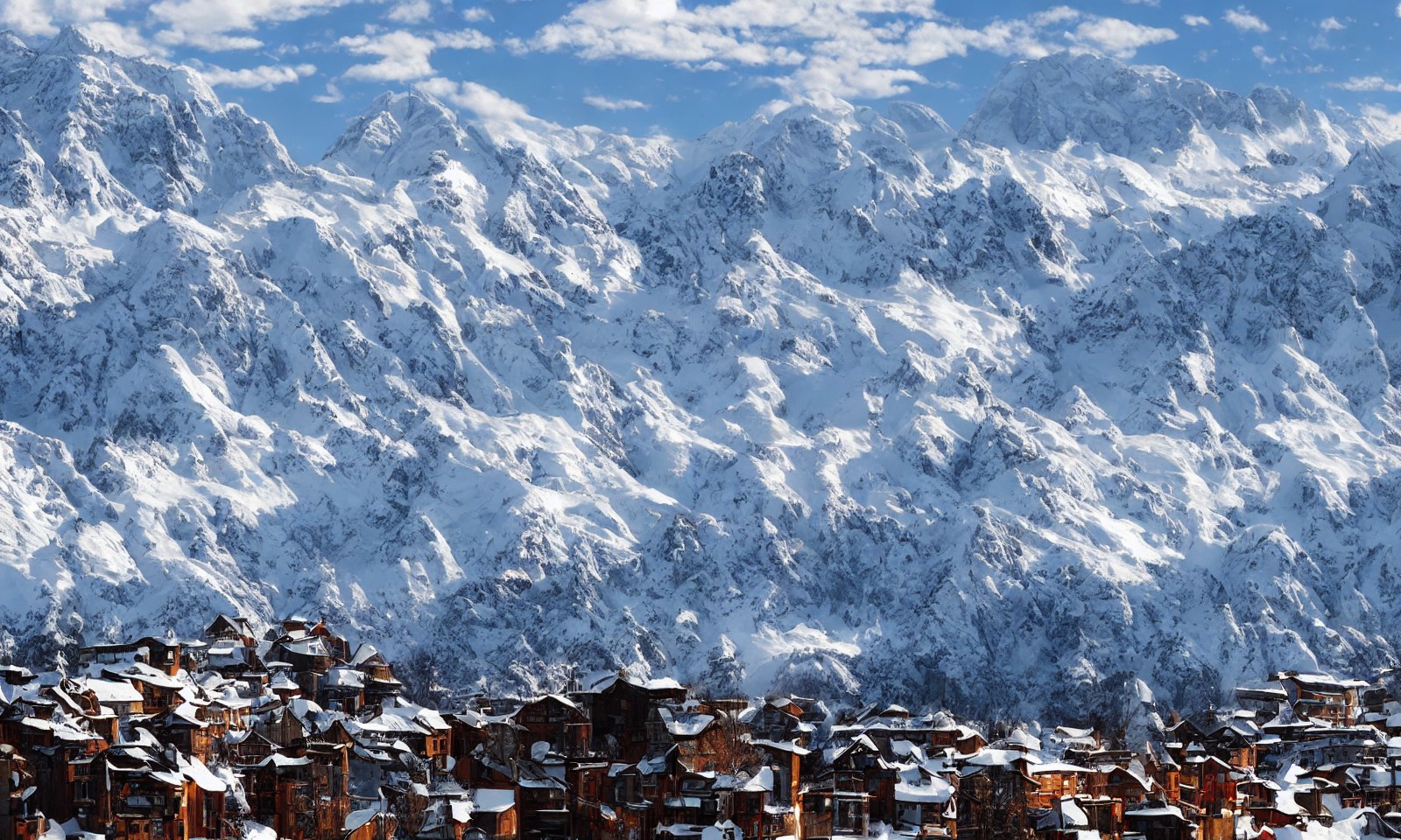 Spectacular small villages beneath high snow-capped mountains by Stable Diffusion