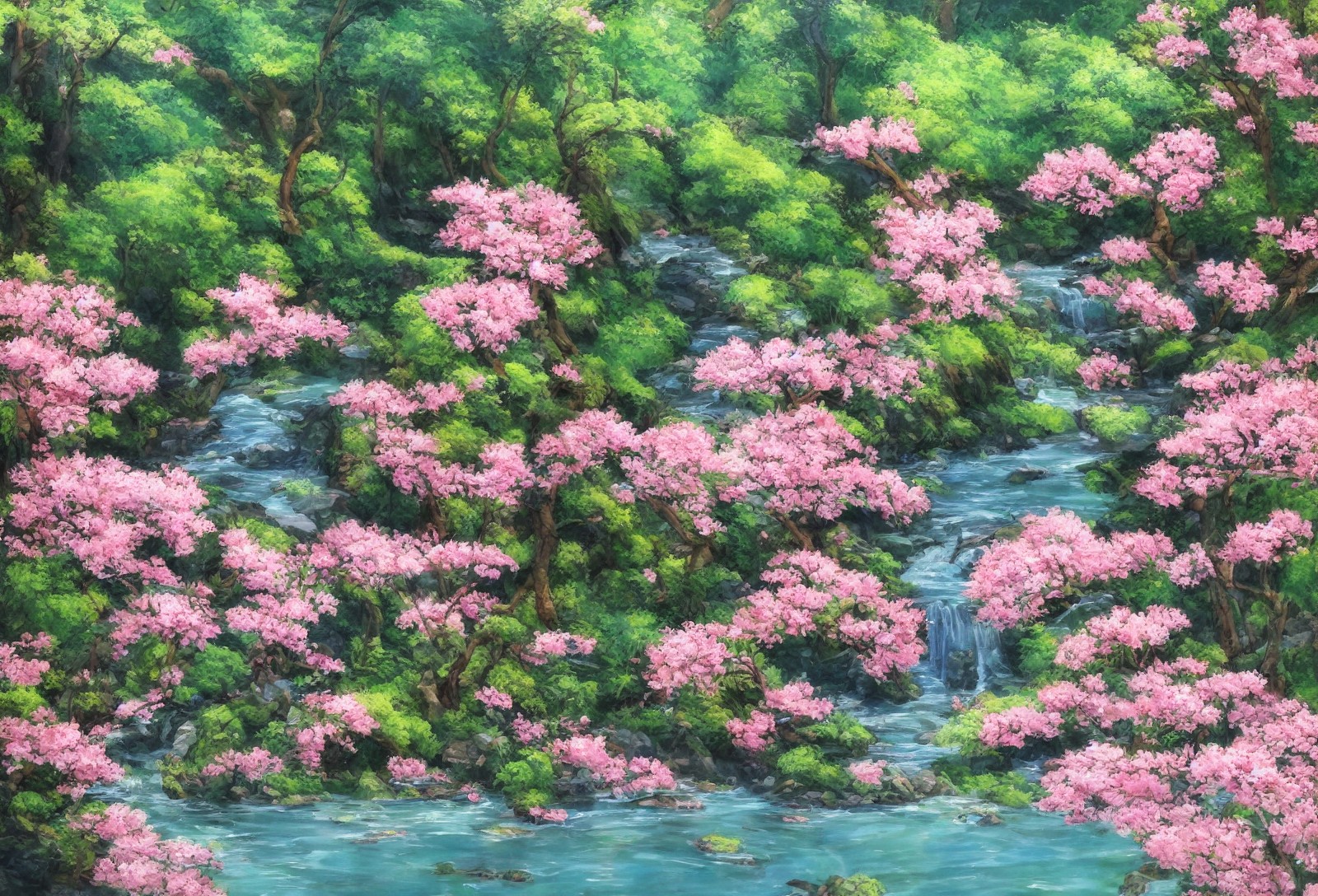 溪流与丛林中的粉色桃花