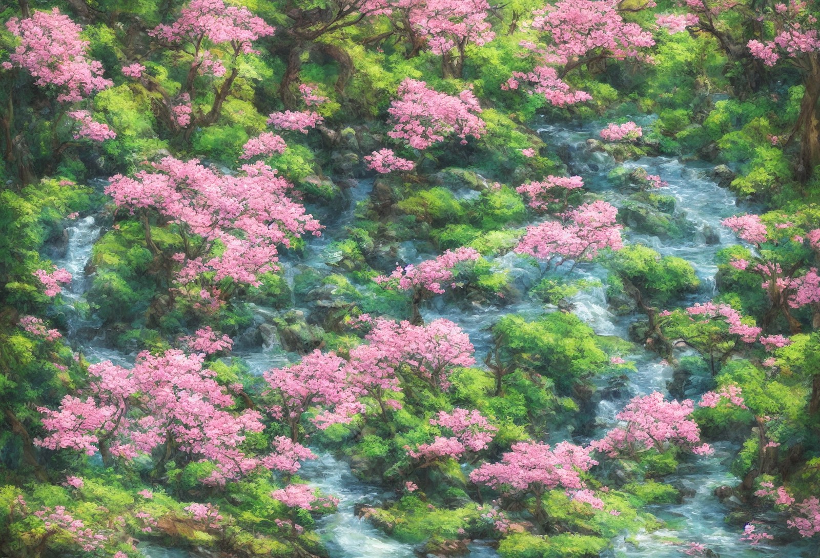 溪流与丛林中的粉色桃花