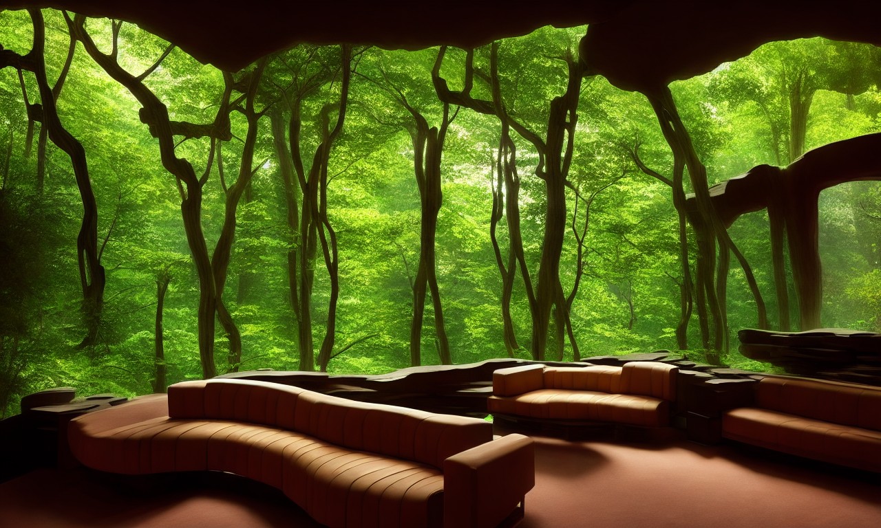 Cave dwelling interior under forest canopy