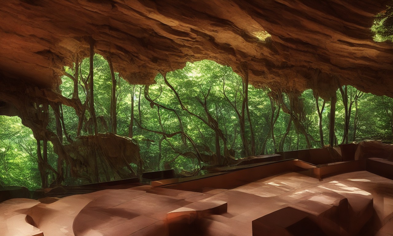 Cave dwelling interior under forest canopy