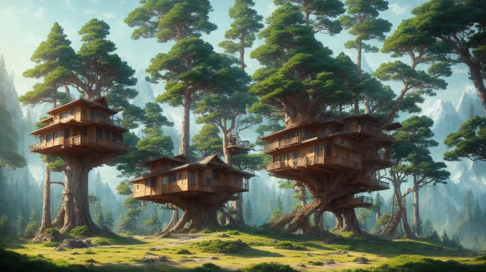 森林大树上的木制树屋