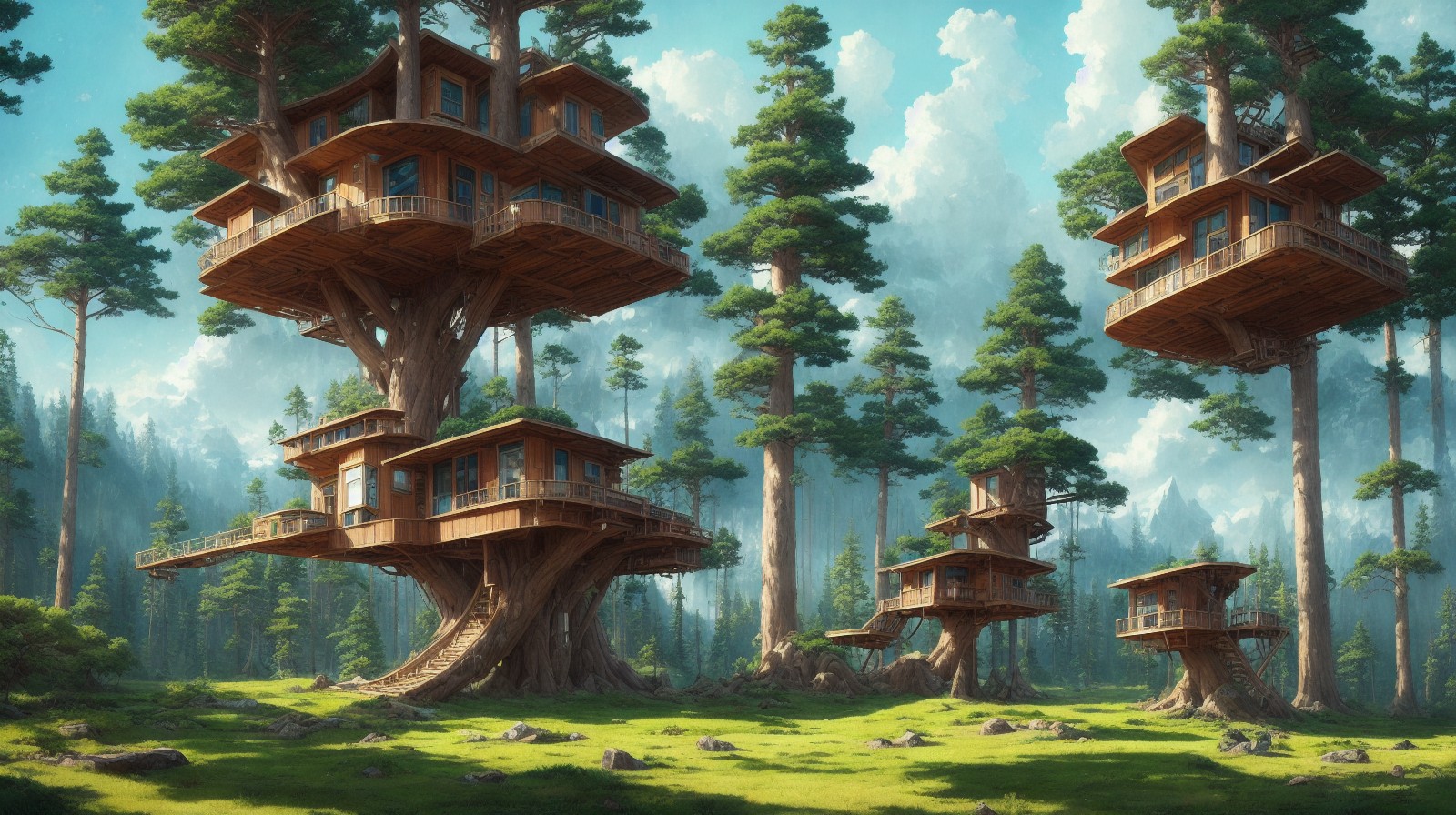 森林大树上的木制树屋