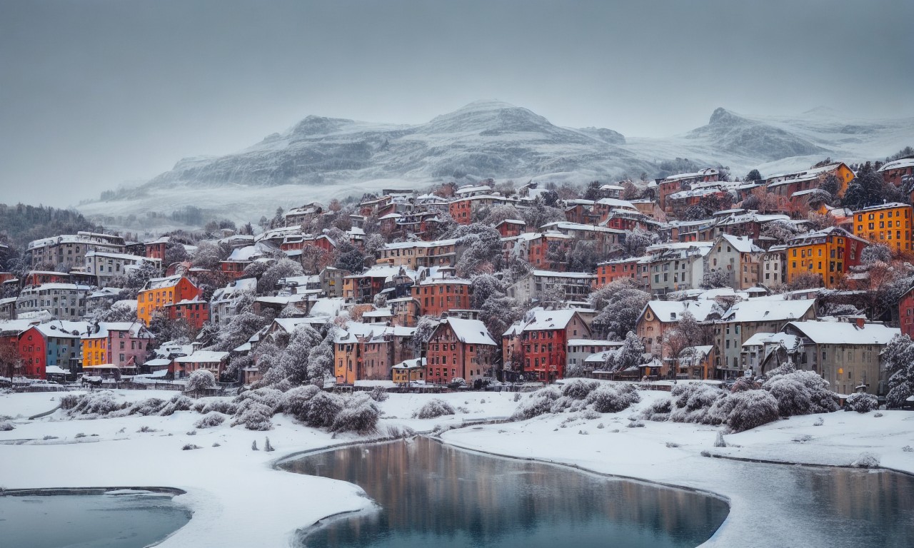 15 images of snow-covered town in the mountains in winter by Stable Diffusion