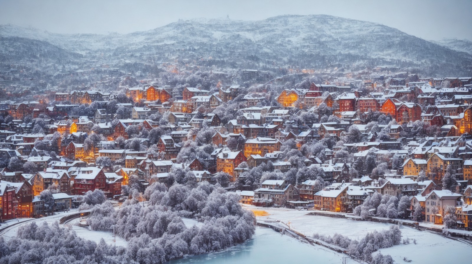 冬天山上白雪覆盖的小镇