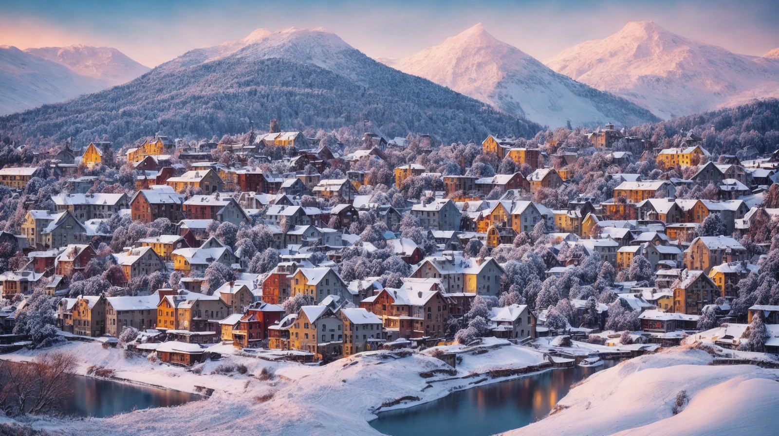 冬天山上白雪覆盖的小镇