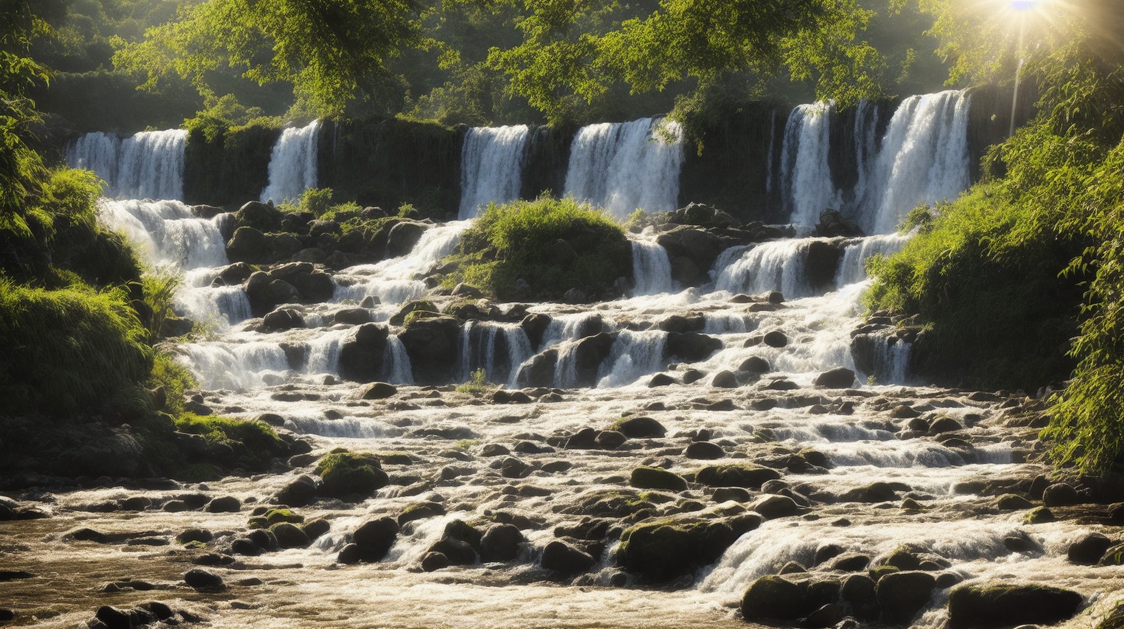 photo of waterfall on stream in sunlight