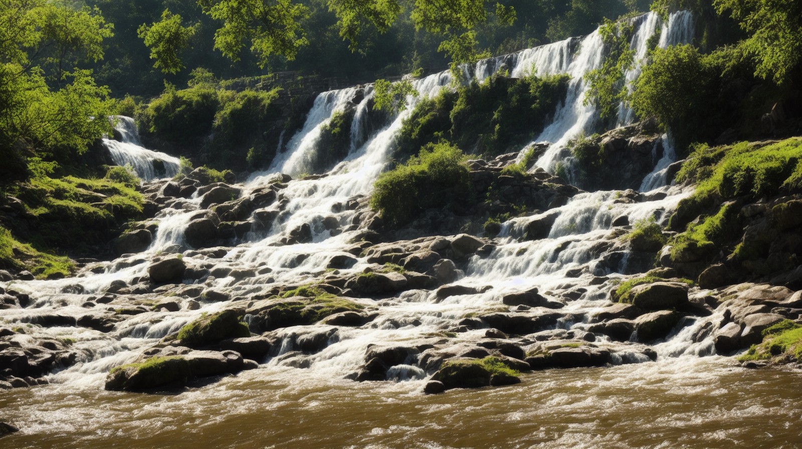 阳光下的溪流上的瀑布照片