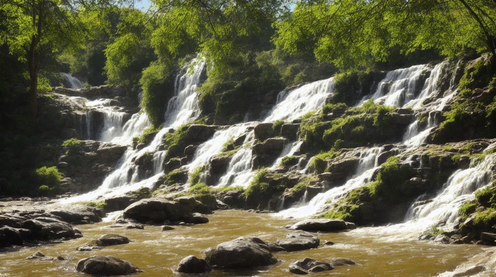 阳光下的溪流上的瀑布照片