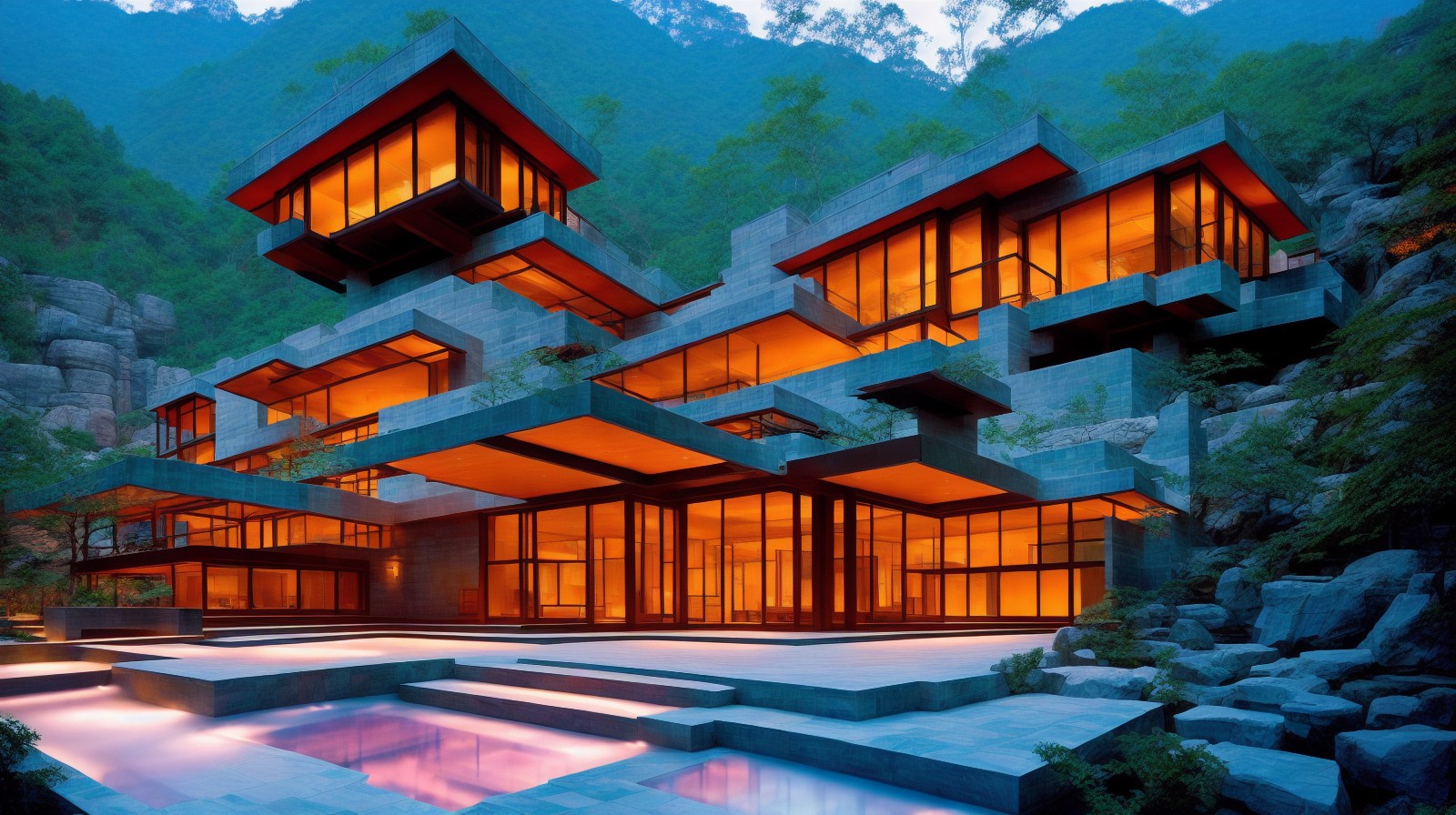 8 images of Fallingwater on the Hill, modeled on Wright's style by Stable Diffusion