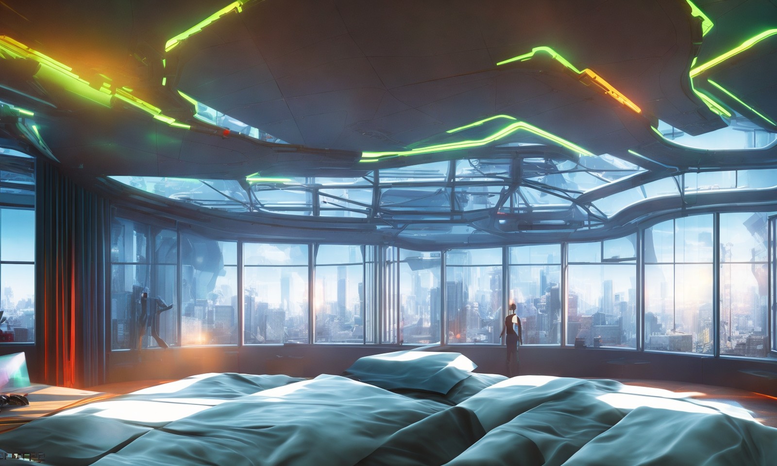 未来感的卧室设计，窗外是赛博朋克的城市