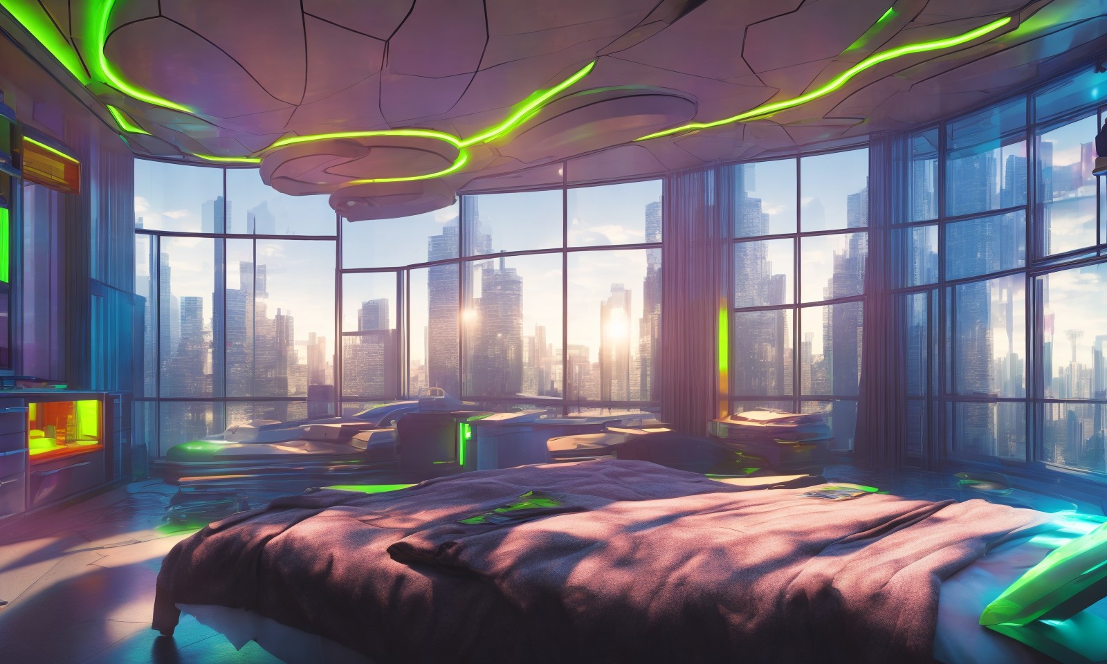 未来感的卧室设计，窗外是赛博朋克的城市