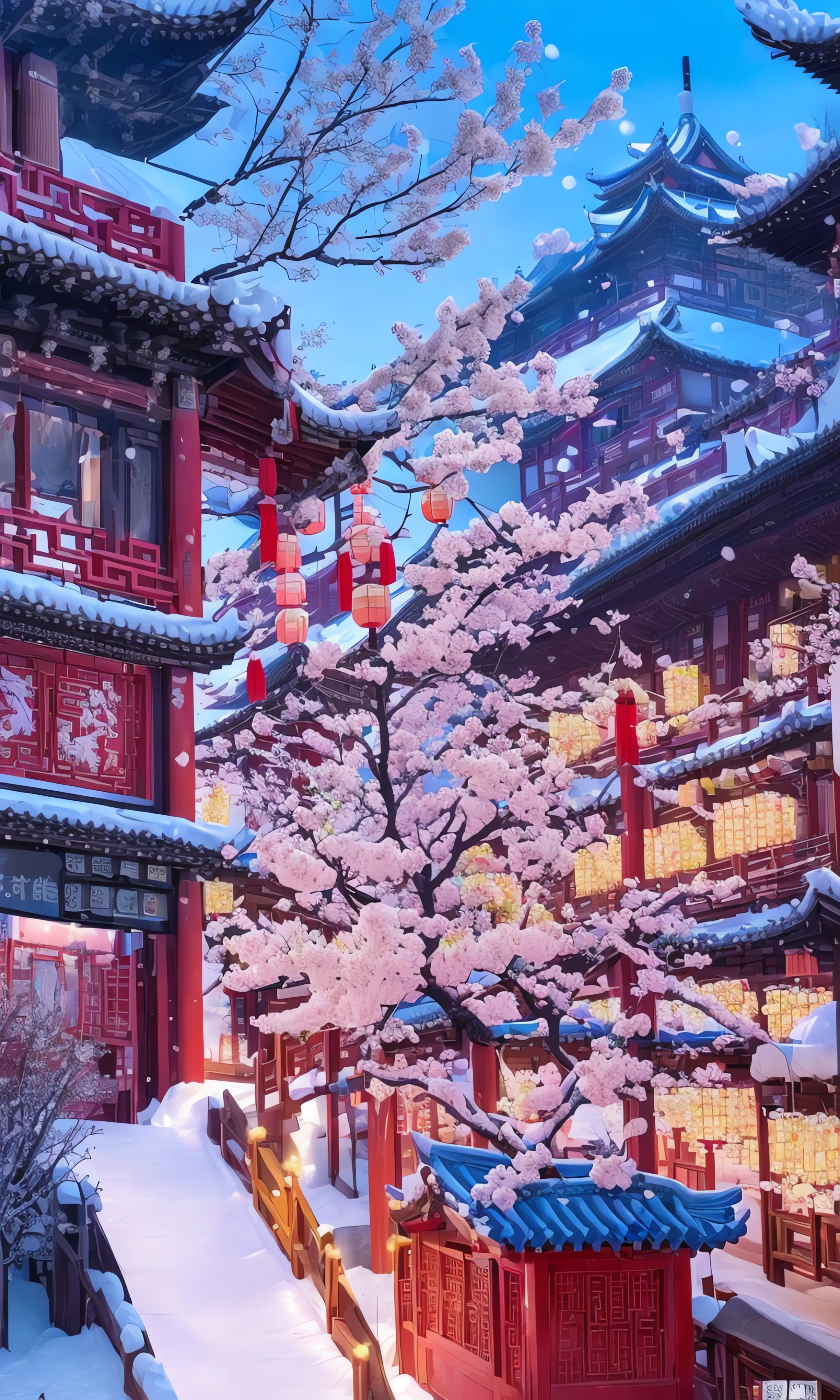 Ancient city snow scene plum blossom