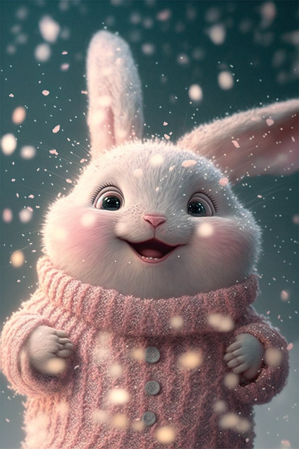 穿着粉色毛衣与围巾的毛绒绒的白色兔子