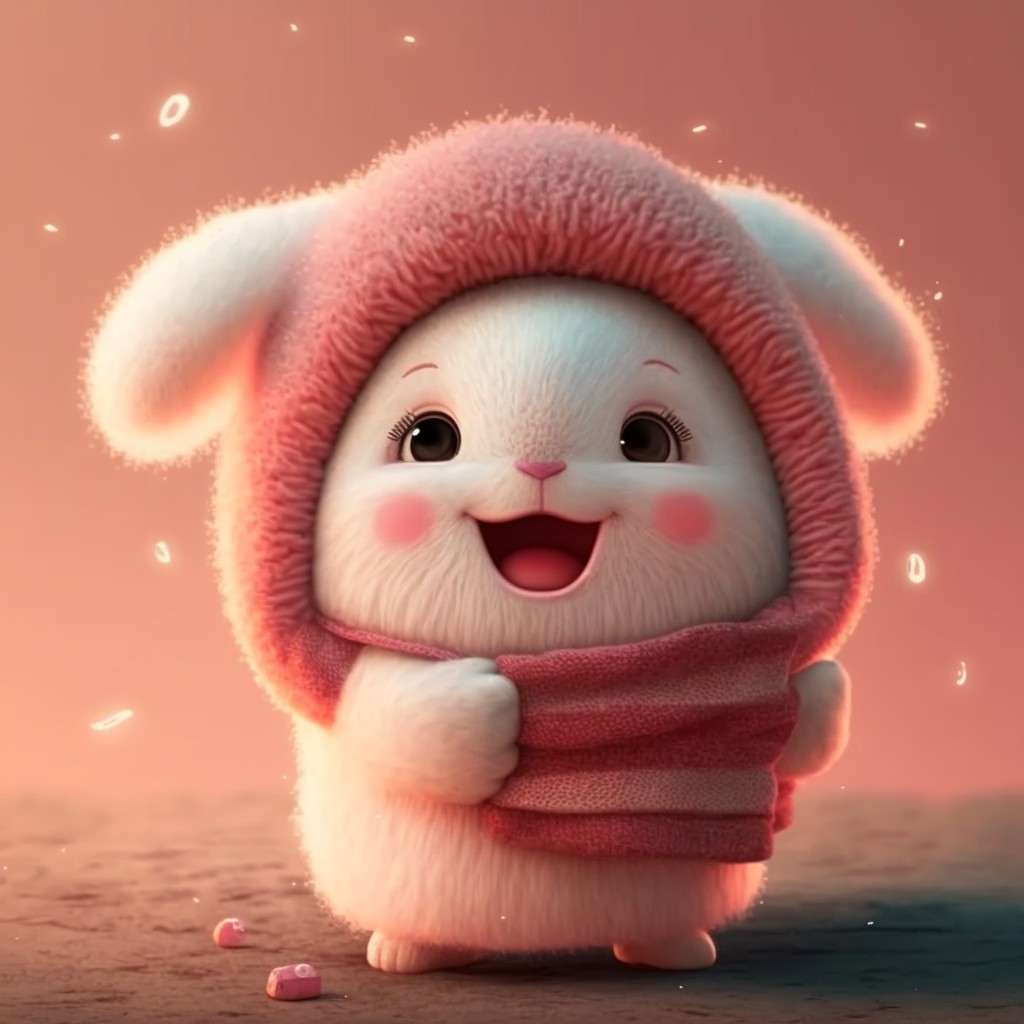 穿着粉色毛衣与围巾的毛绒绒的白色兔子