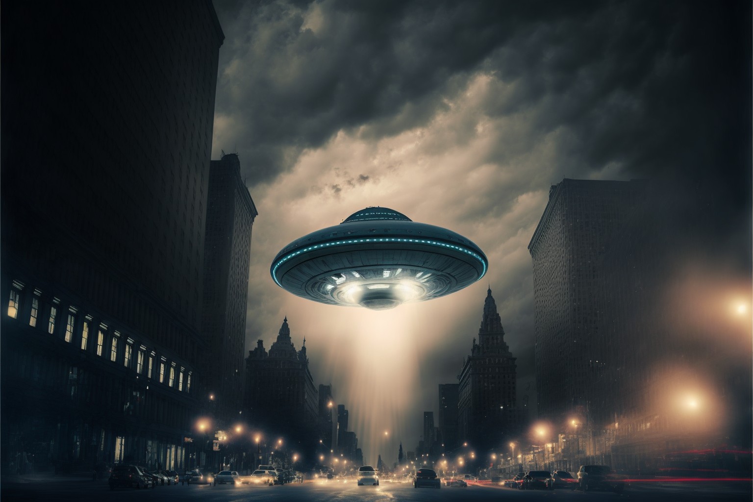一艘UFO漂浮在旷野与CBD的上空