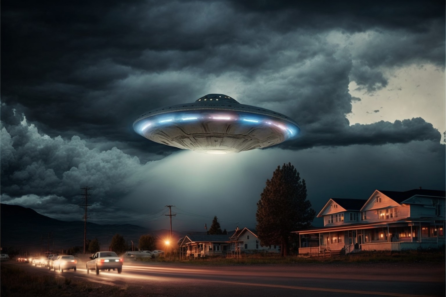 一艘UFO漂浮在旷野与CBD的上空
