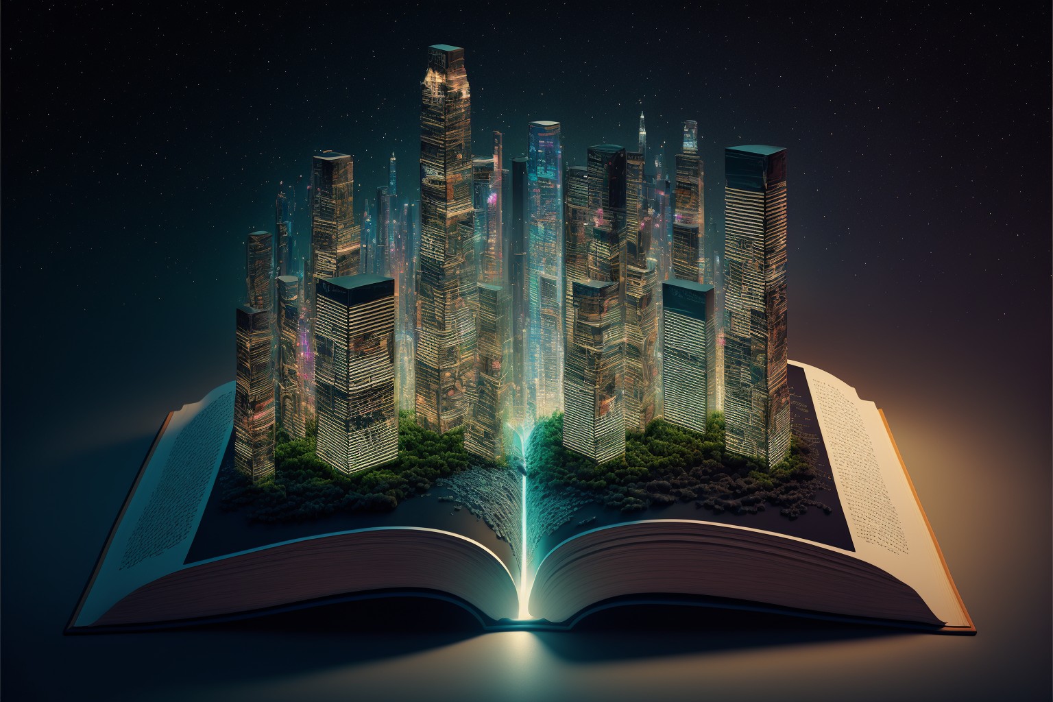 一本打开的书上面浮现出一座数字化高科技城市