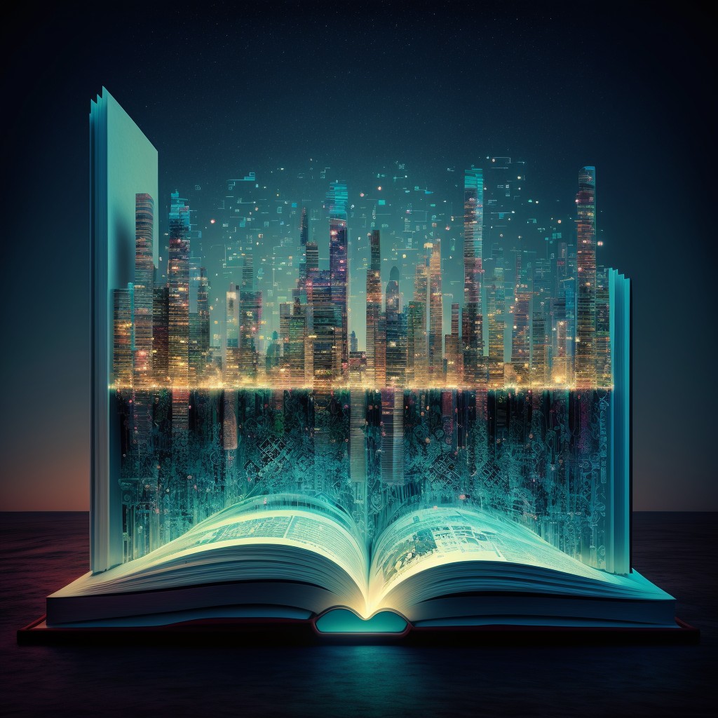 一本打开的书上面浮现出一座数字化高科技城市
