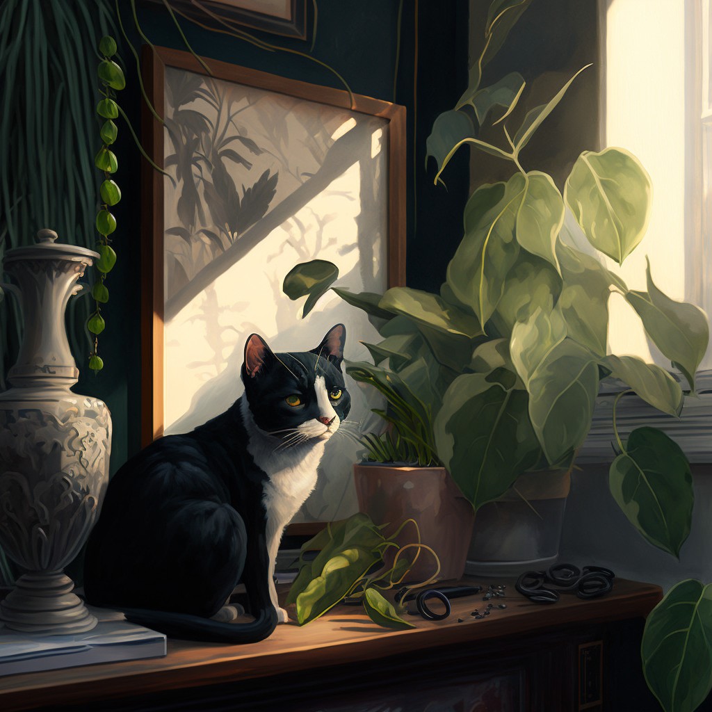 房间里一只靠近绿色植物的家猫